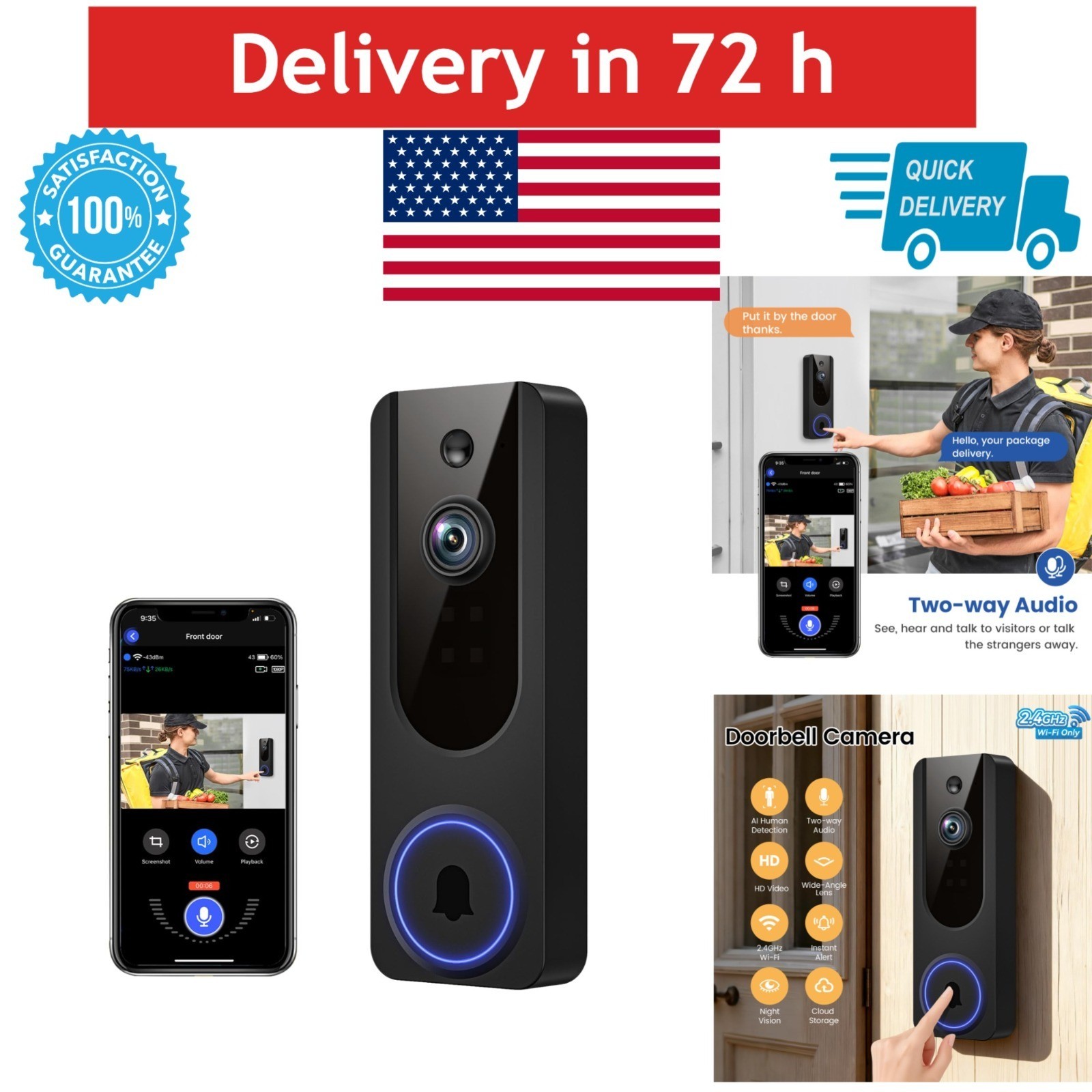 VanaOrbi 1080p WiFi Video Doorbell Camera Wireless Battery Powered