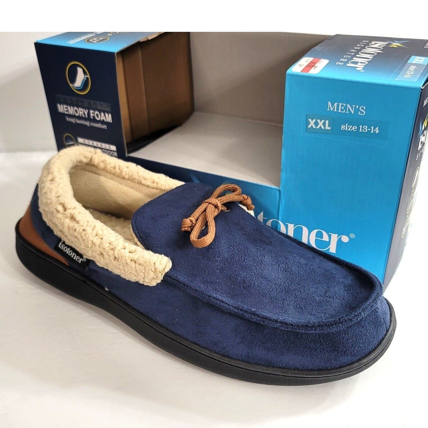 Isotoner Moccasin Slippers Mens 2XL 13-14 Navy Faux Suede Memory Foam NEW