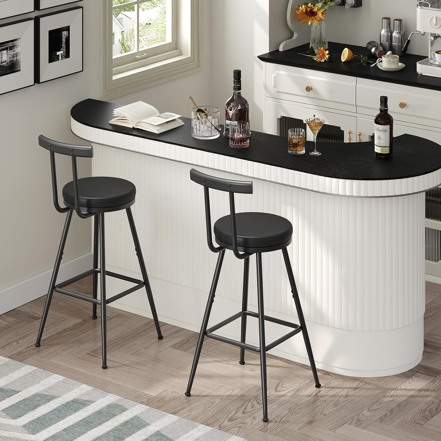 Bar Stools Set of 2 PU Upholstered Bar Stools Bar Chairs W/ Backrest & Footrest