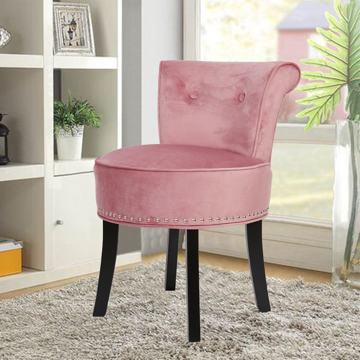 Vanity Stool Chair Makeup Round Velvet Padded Chair with Wood Legs for Bedroom