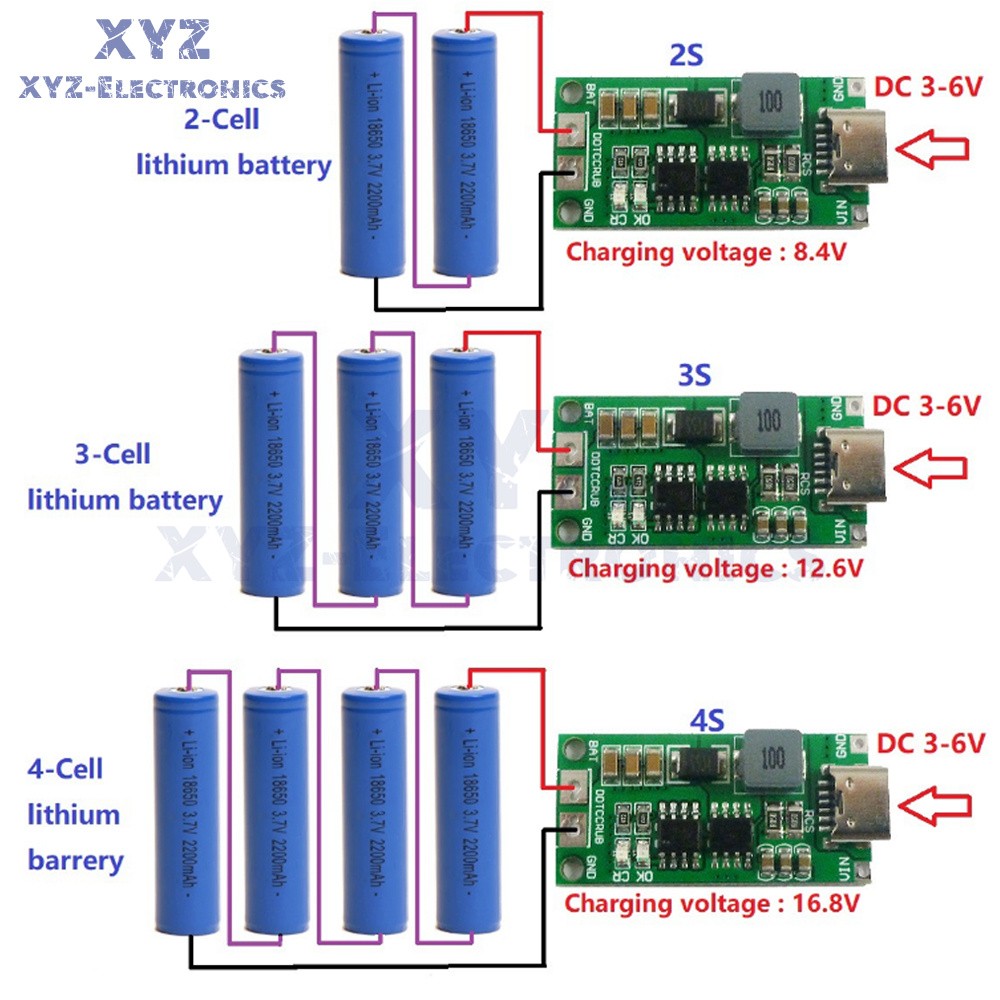 2S 3S 4S Type-C DC3-6V To 8.4V12.6V16.8V Step-Up Boost Module for Li-ion Battery