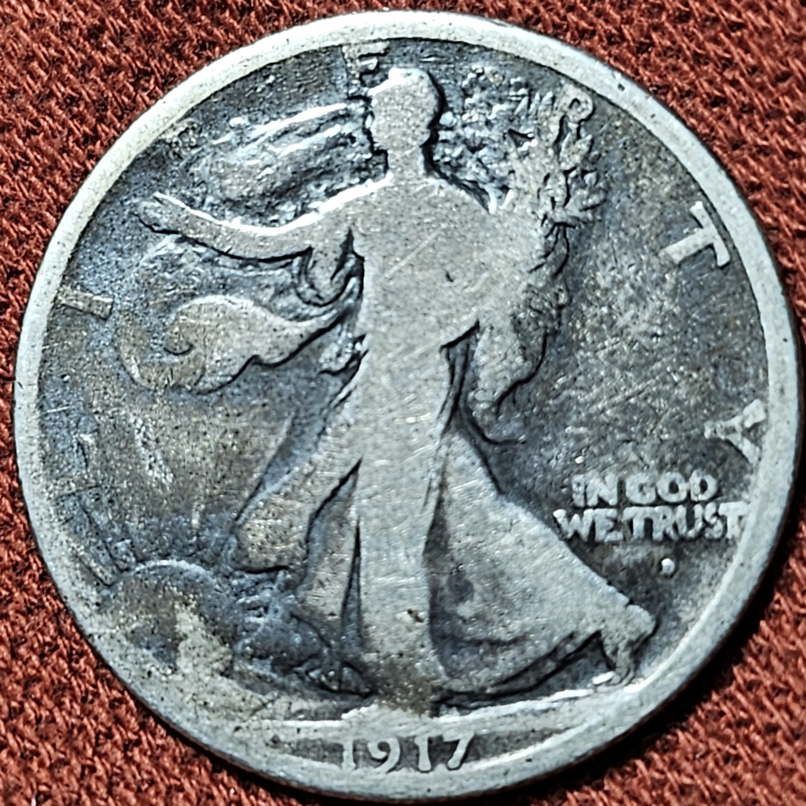 ⭐ 1917 D Walking Liberty Half Dollar Obverse Mintmark 50C Silver Coin G/VG