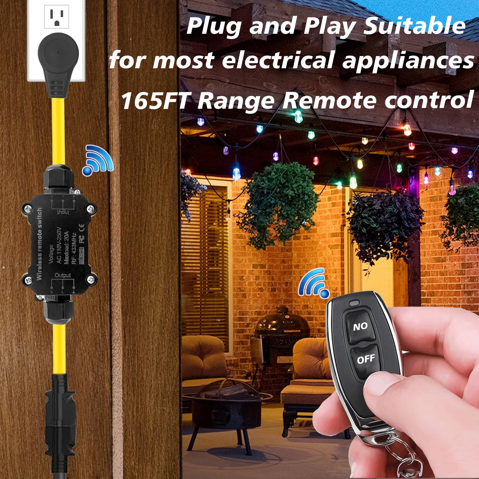 AC110250V Waterproof Remote Control Power Switch Outlet 20A 165 Ft Range