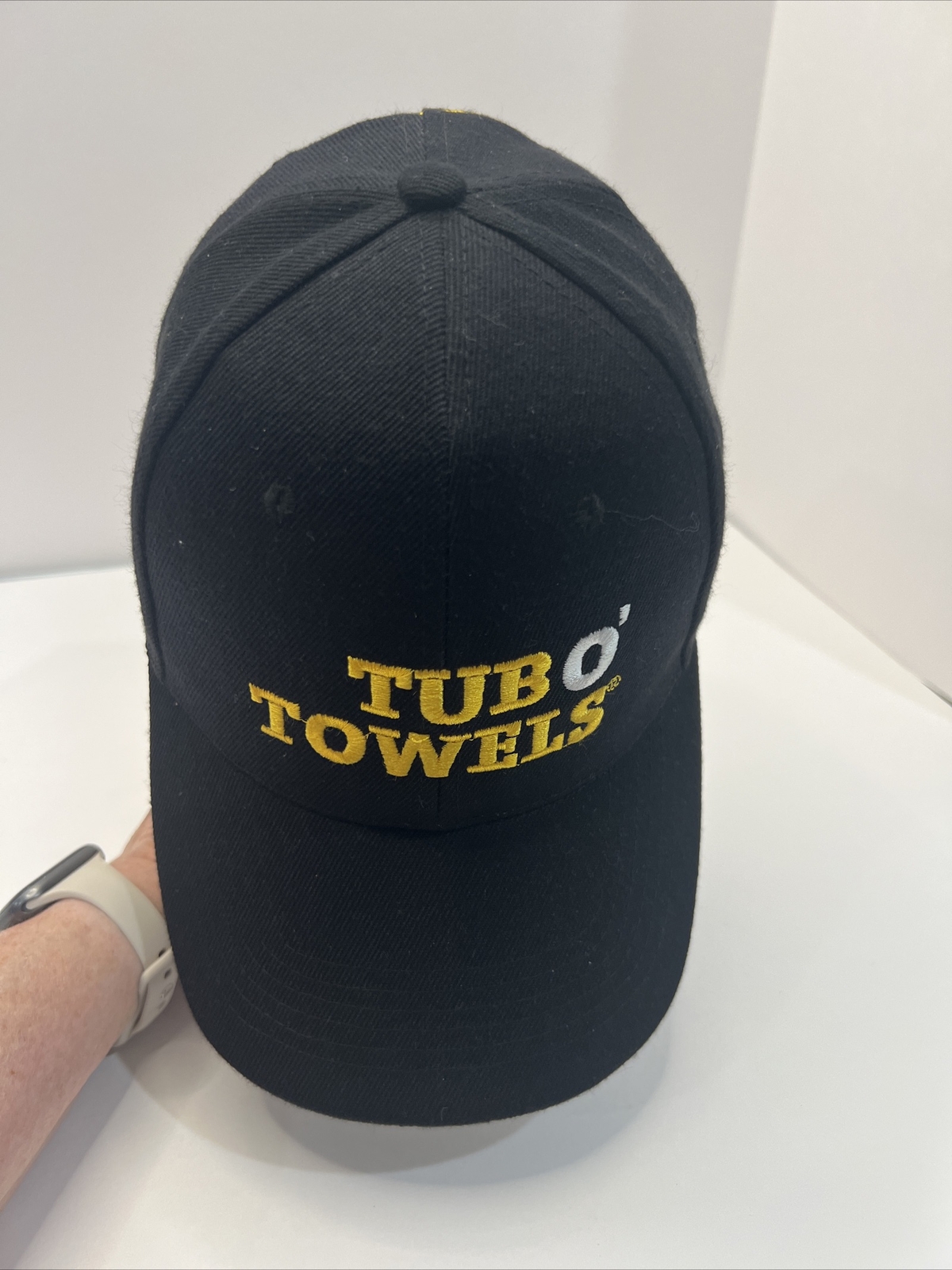 Tub of Towels Black with Gold & White Hat Cap Hook Loop EUC