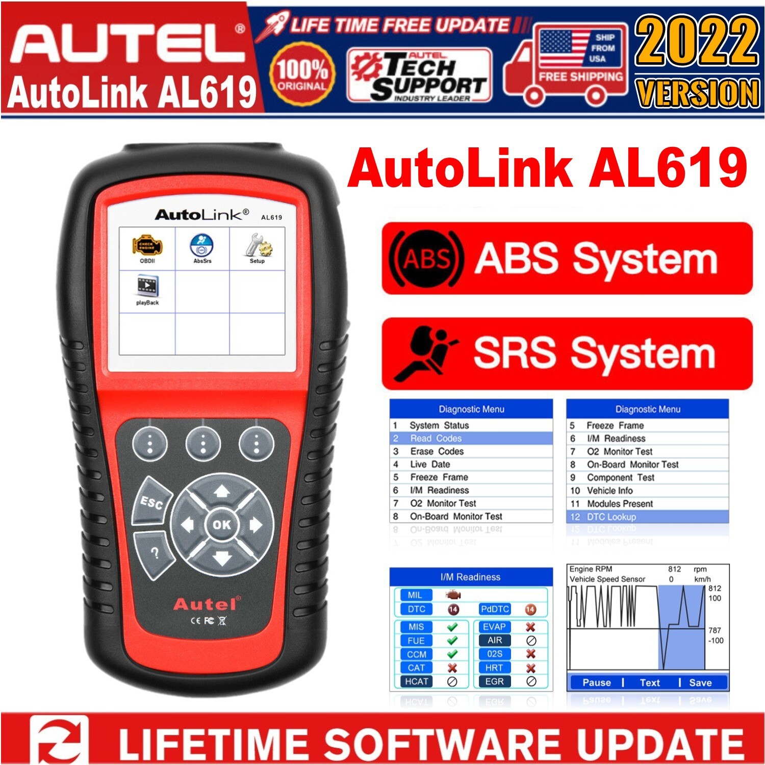 2026 Autel AutoLink AL619 AL519 OBD2 Scanner ABS SRS Auto Diagnostic Scan Tool