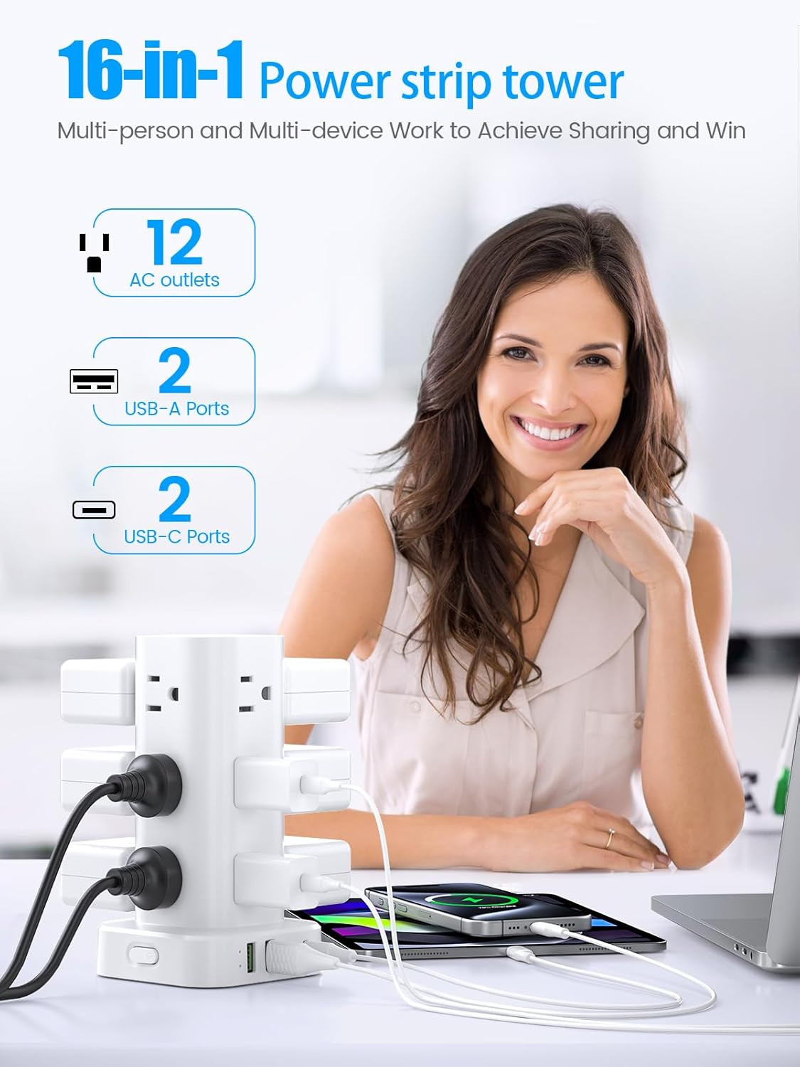 Tower Power Strips with Surge Protection, 6FT Flat Extension Cord with Multiple