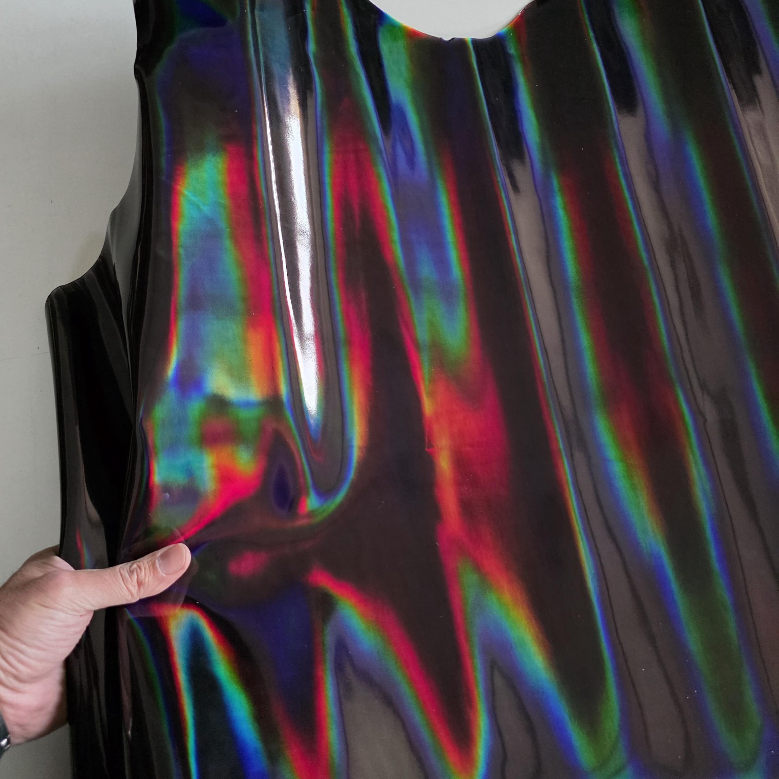 Color Black Iridescent Cow Patent Leather: Holographic Rainbow Glossy Metallic