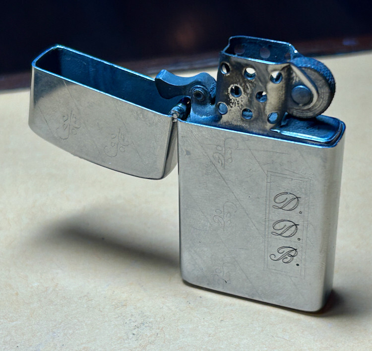 1974 ZIPPO SLIM LIGHTER ETCHED W CARTOUCHE -Engraved DDB - Good Spark!