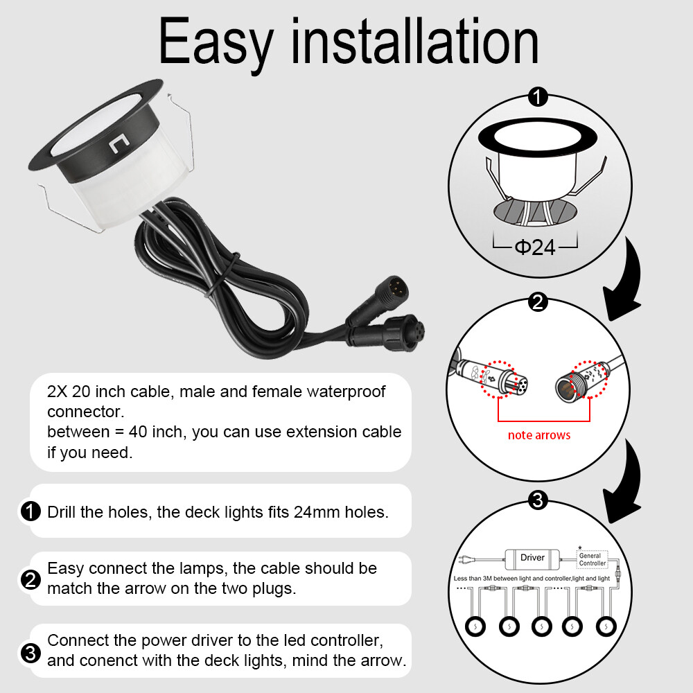 30Pack 1.22" Low Voltage WiFi RGBW+IC Dynamic Recessed LED Deck Light Waterproof