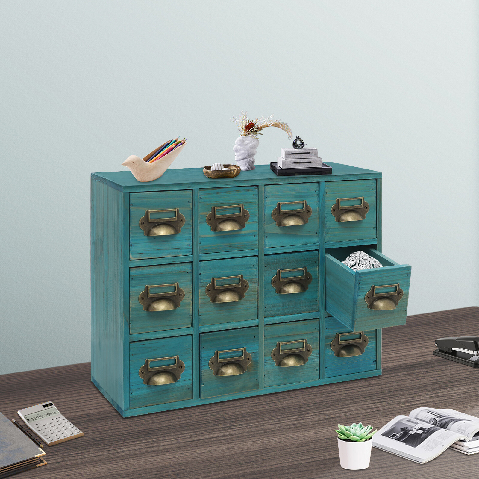 Blue 12Drawer Storage Cabinet Rectangular Desktop Drawer Organizer WoodenCabinet