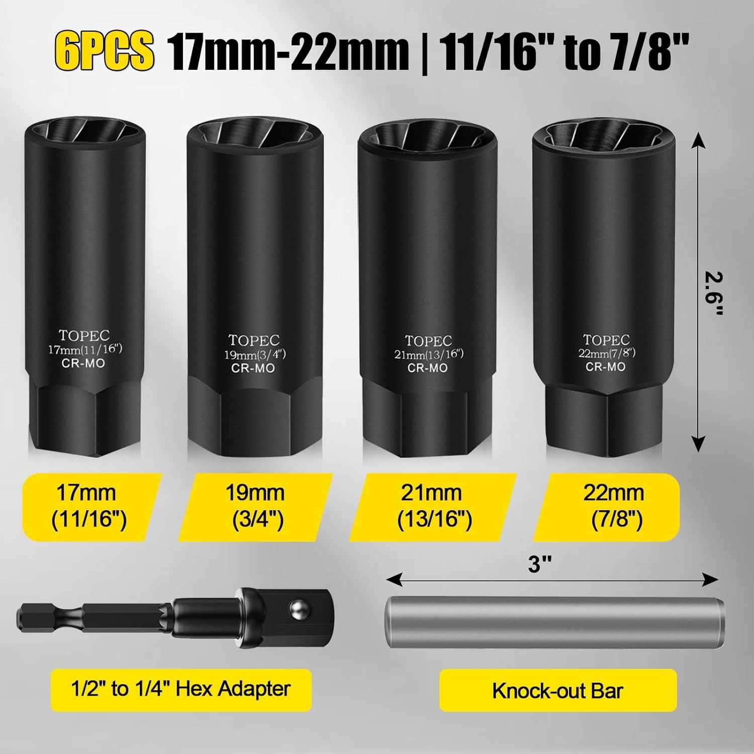 Topec 6PCS Lug Nut Extractor Set 1/2" Drive 17-22mm Bolt Remover Sockets