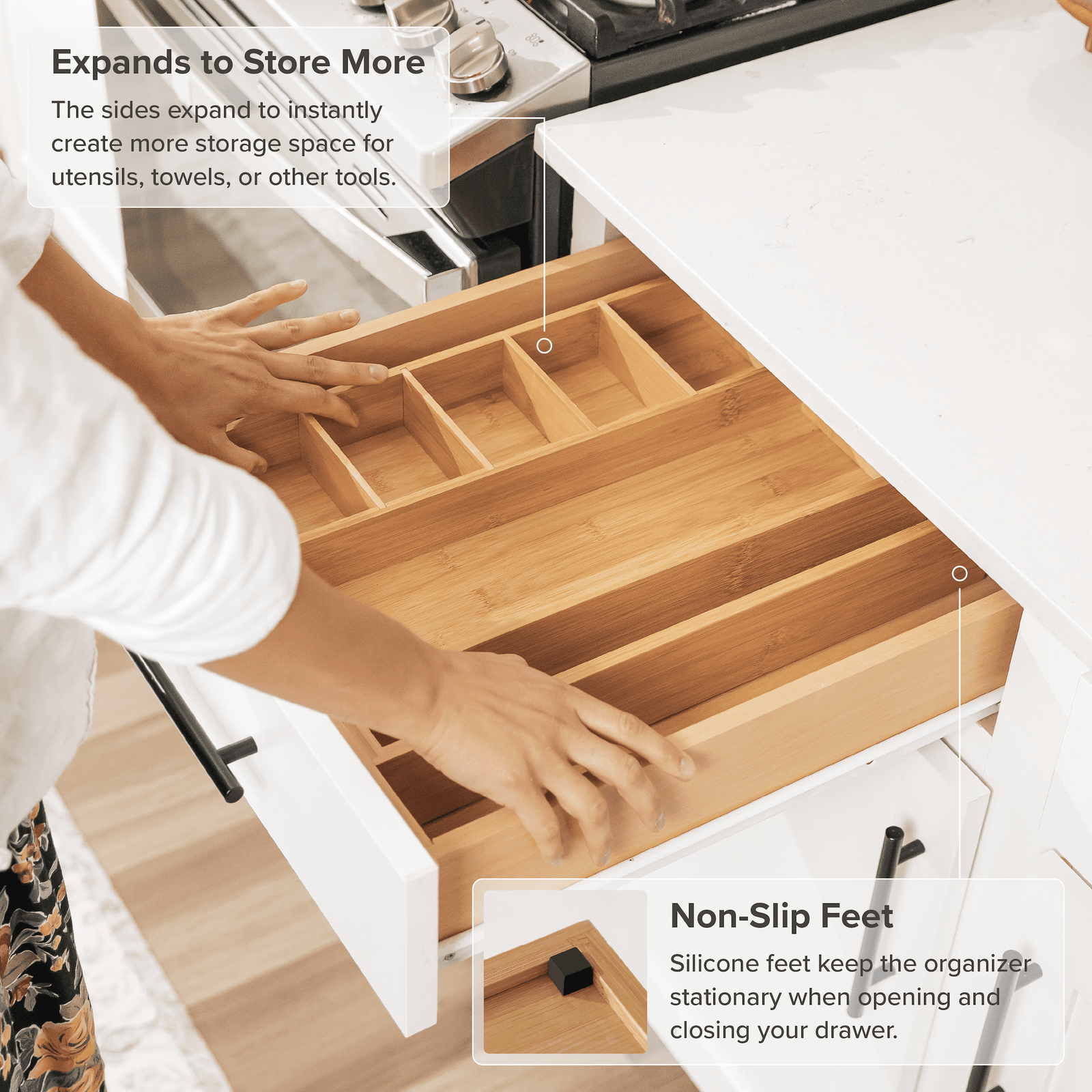 KitchenEdge Adjustable Kitchen Drawer Organizer for Utensils and Junk, 1 Large &