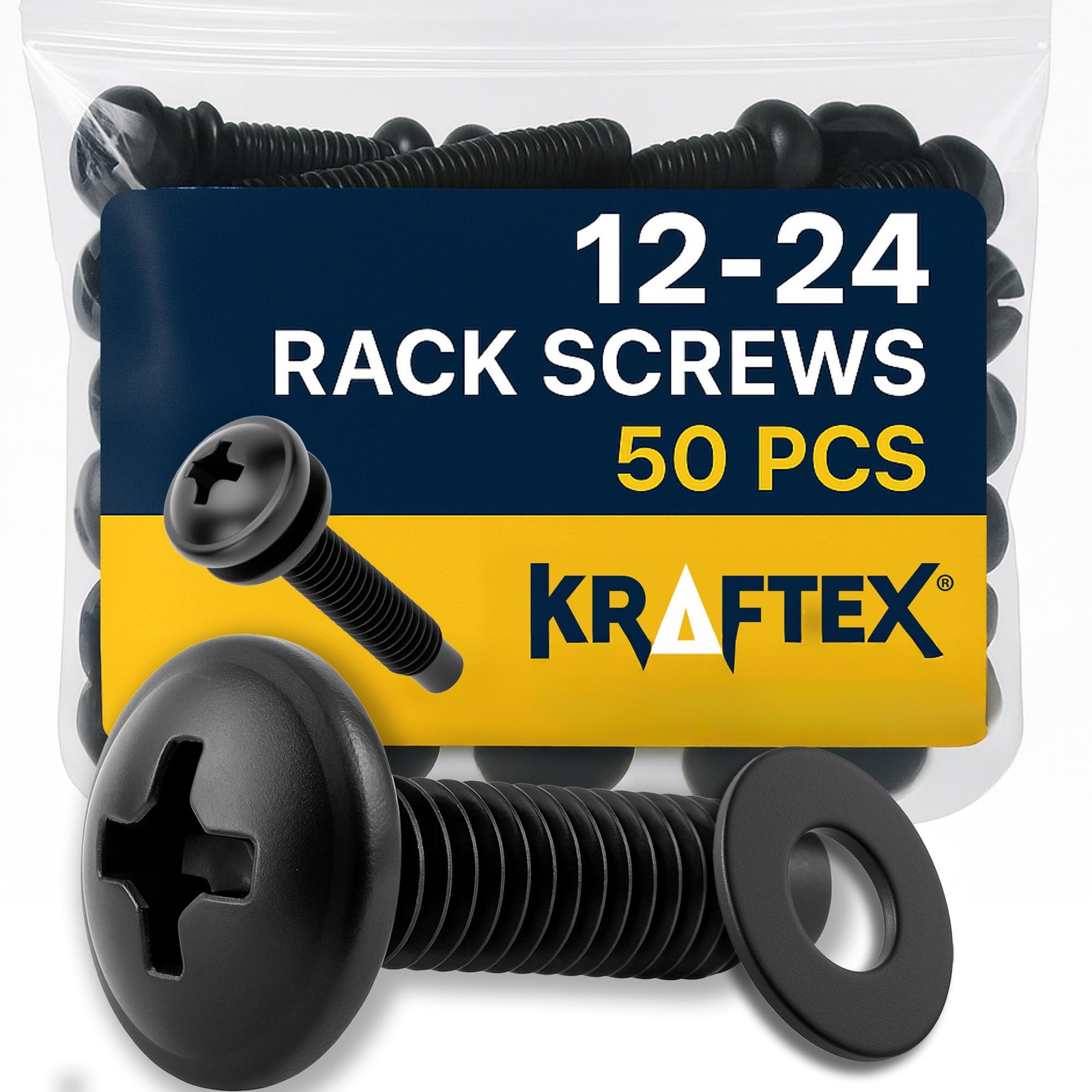 12~24 Rack Mount Screws with Nylon Washers, 50 Pack