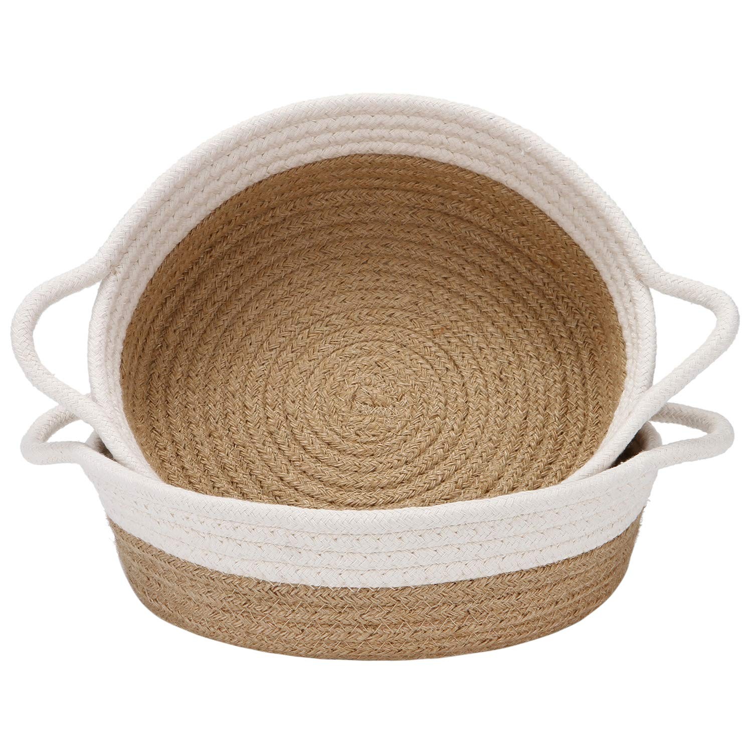 Sea Team 2-Pack Compact Woven Cotton Rope Round/10 x 10 x 3", Flaxen & White