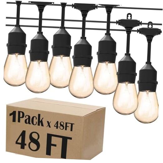 LED Shatterproof String Lights Commercial Grade with 15 Hanging Sockets 48FT