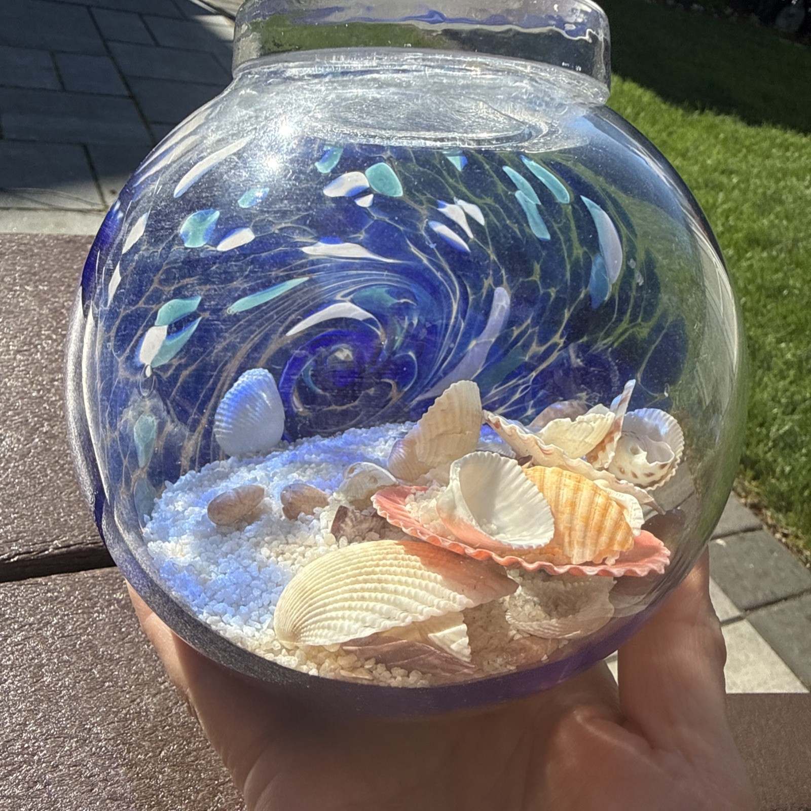 Large Hand Blown Ocean Waves Orb Globe Ball With Sand & Seashells 5.5”