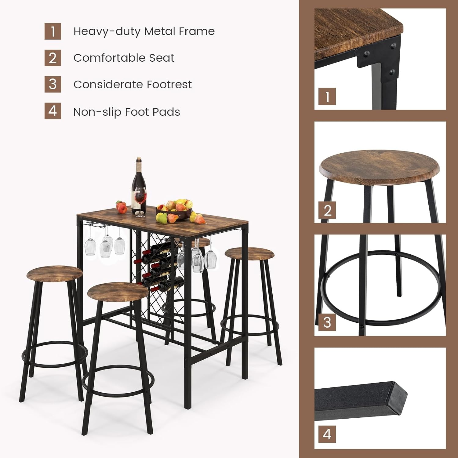 5-Piece Dining Table Set 4 Multifunctional 39.5" x 23.5" Bar Table W/ Glass
