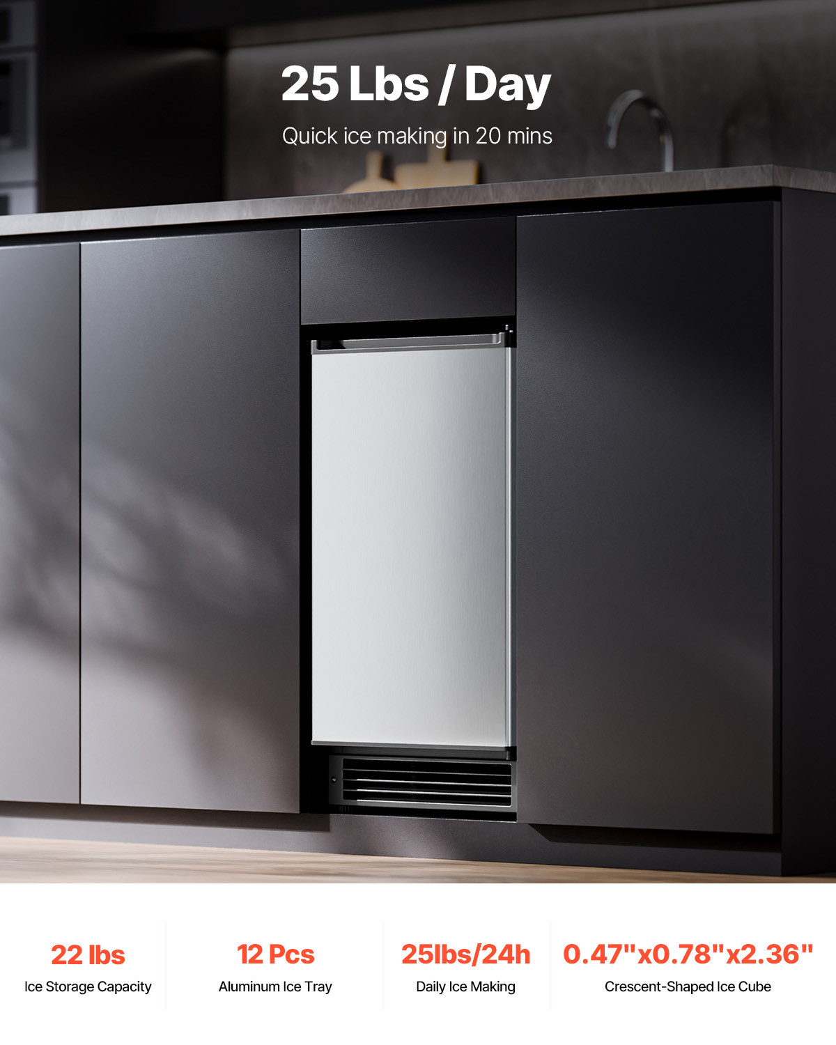 25Lb Undercounter Commercial Ice Maker 15" Built-in crescent Ice Maker Machine
