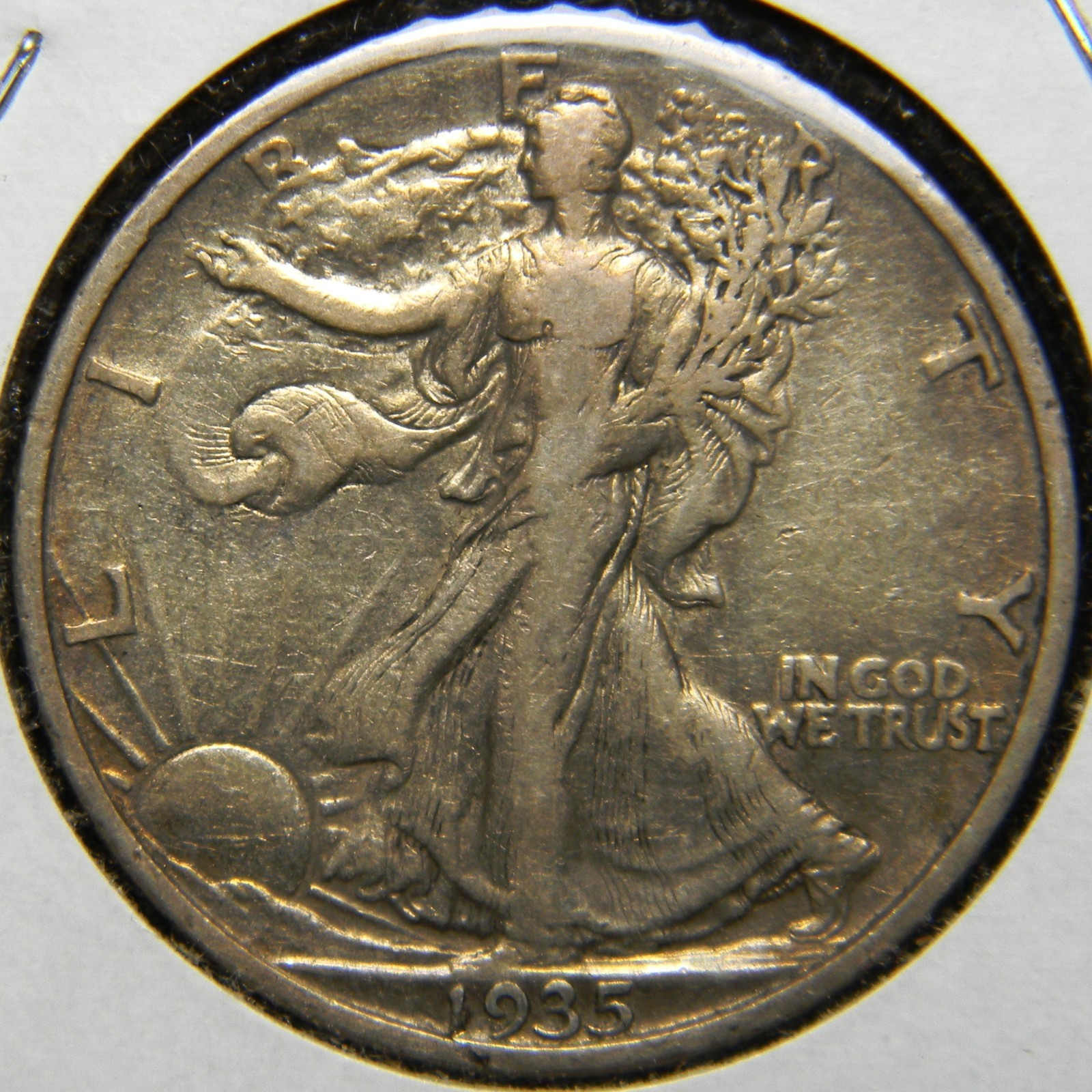 1935-S WALKING LIBERTY SILVER HALF DOLLAR, GRADE IS VF+, LIGHT REDDISH TONING