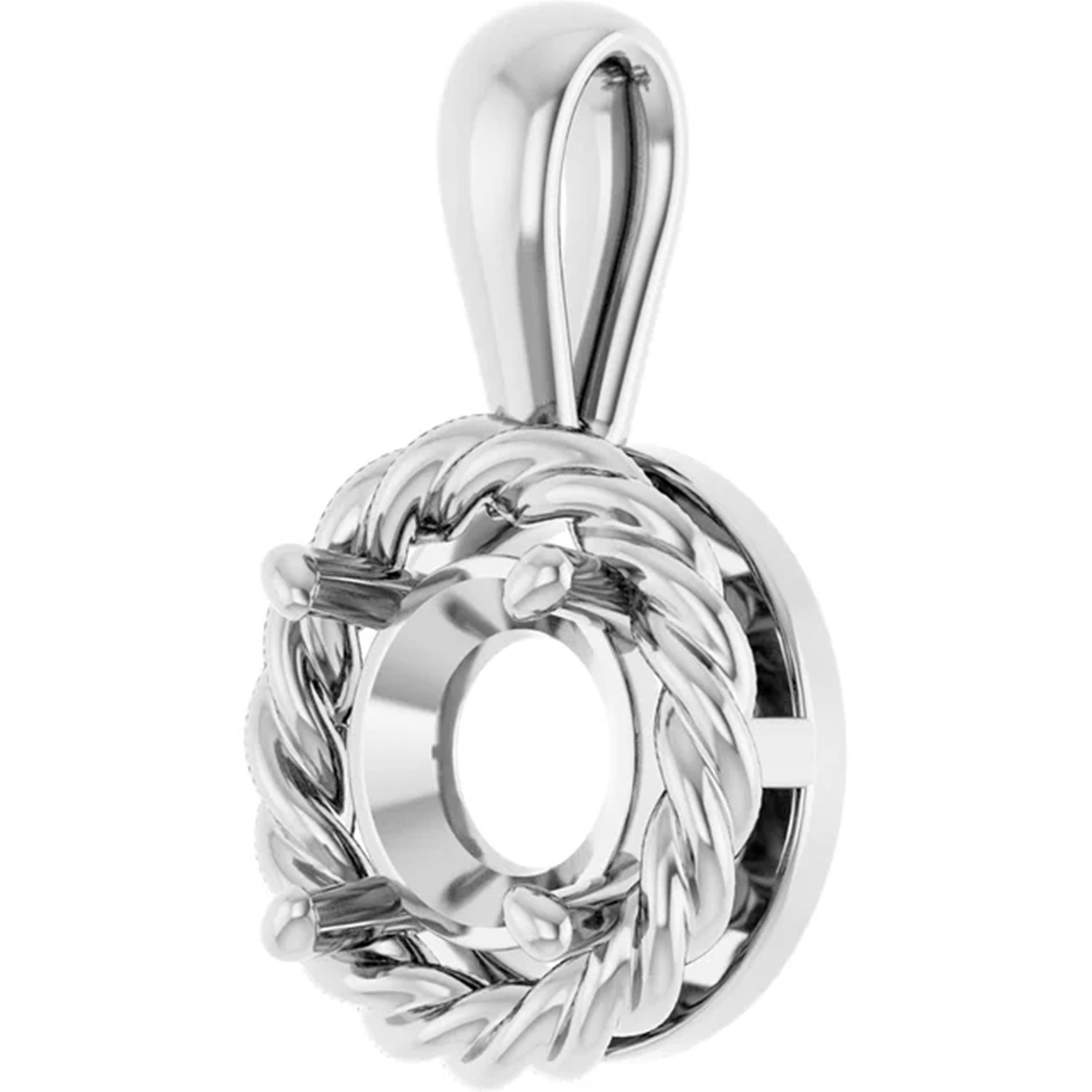 Pendant Mounting Round Cut 14K Solid White Gold Single Bail Rope Edge Design USA