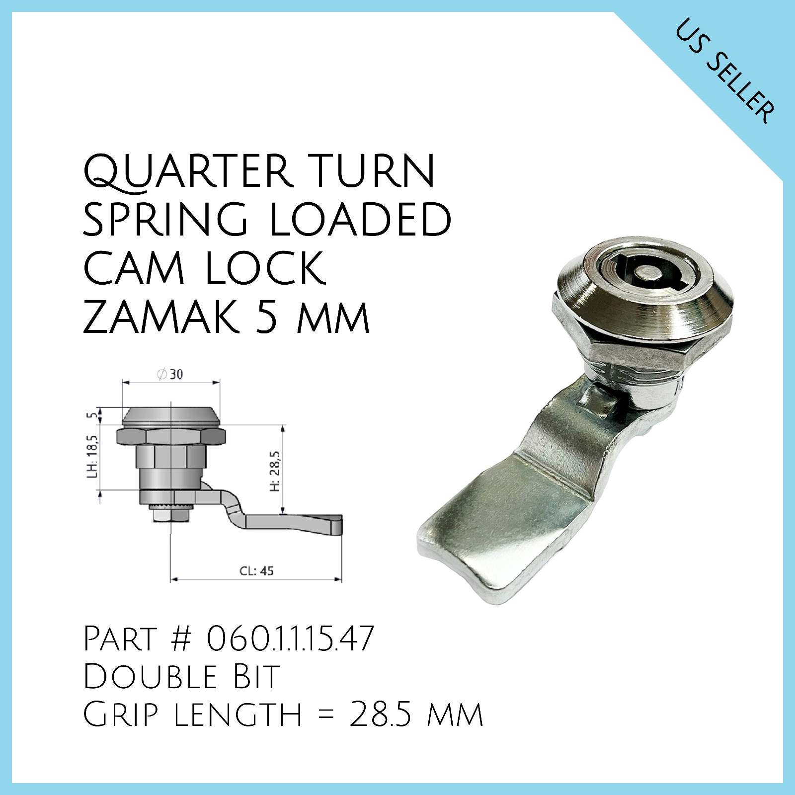 Quarter Turn Spring Loaded Cam Lock Zamak 5mm Double Bit Part # 060.1.1.15.47