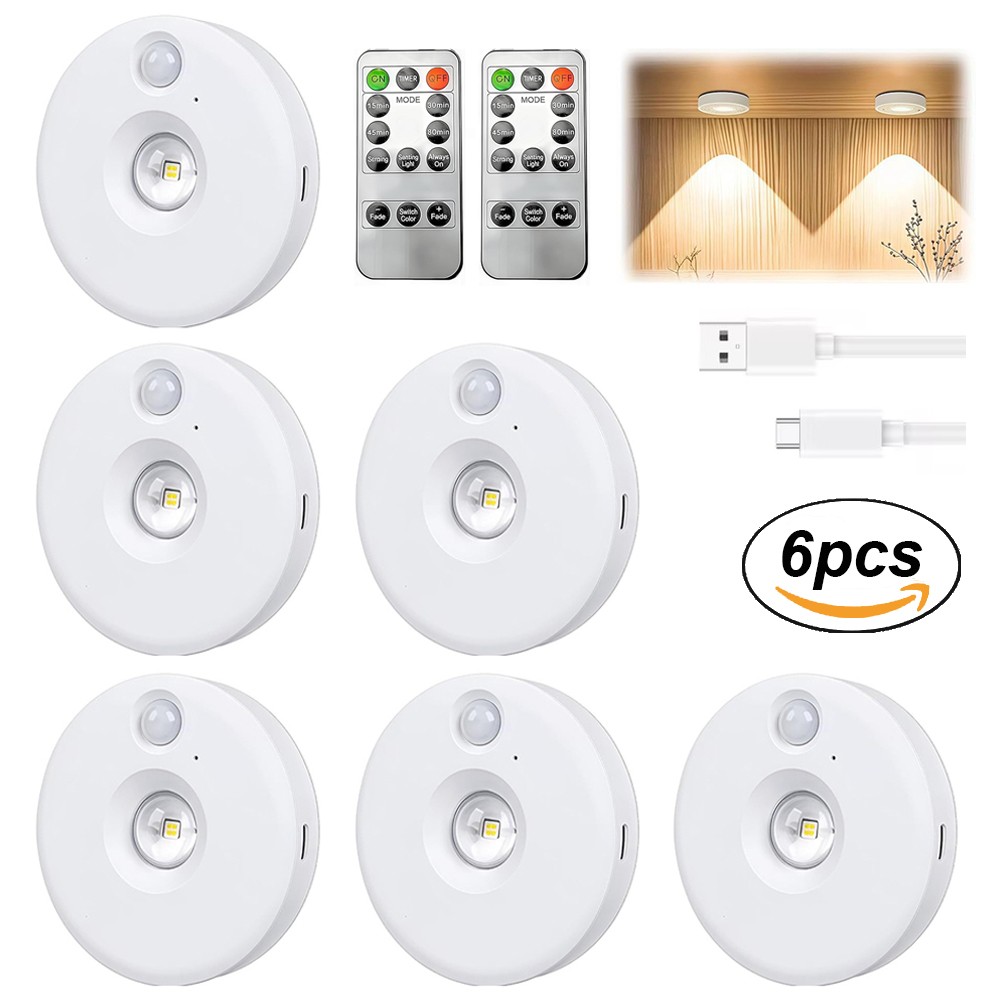 6PCS LED Motion Sensor Night Light USB Rechargeable for Cabinet Closet Stair