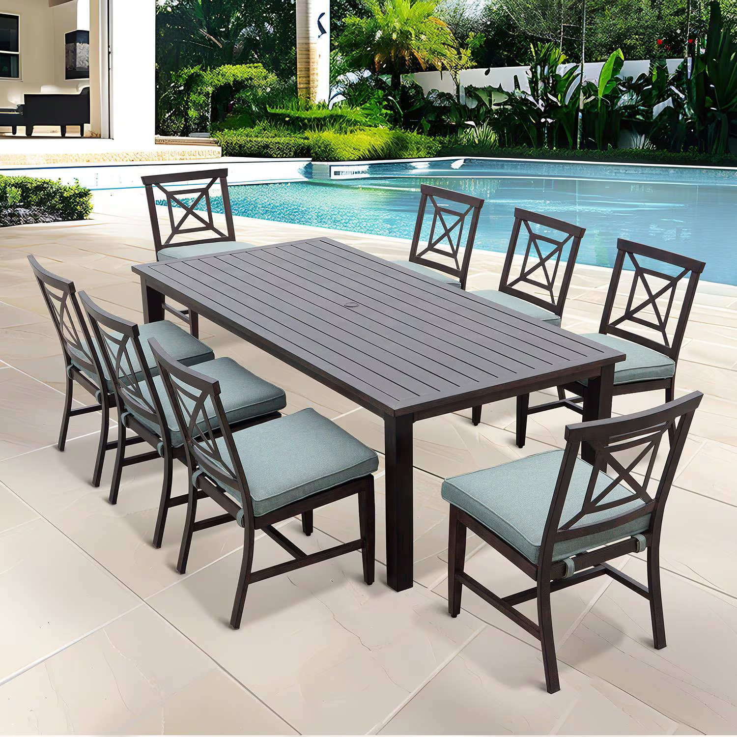 Atlantis 9 Pc Aluminum Dining Set 88 X 42 Inch Table in Walnut/Spa by Darlee