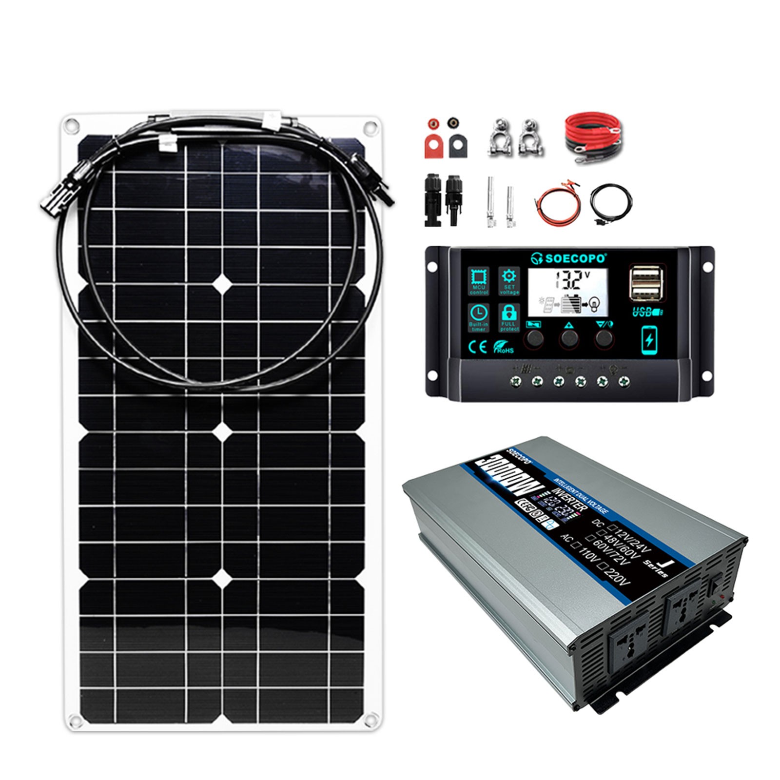 30000W Peak Solar System Kit FlexiblePanel 100A Controller 12V24V To 110V 220V