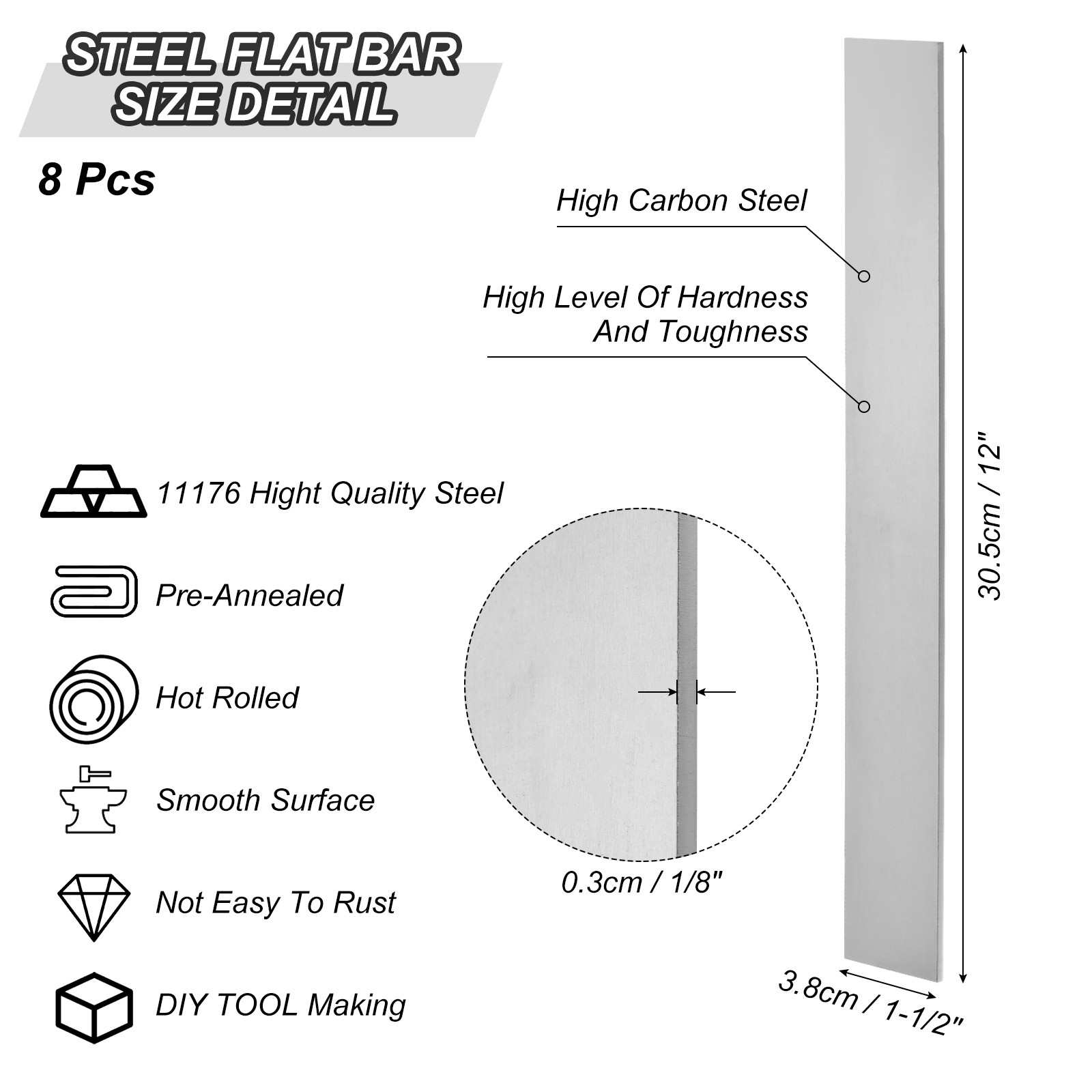 11176 Steel for Knife Making Steel, 8 Pack 12" x 1-1/2" x 1/8" Steel Flat Bar