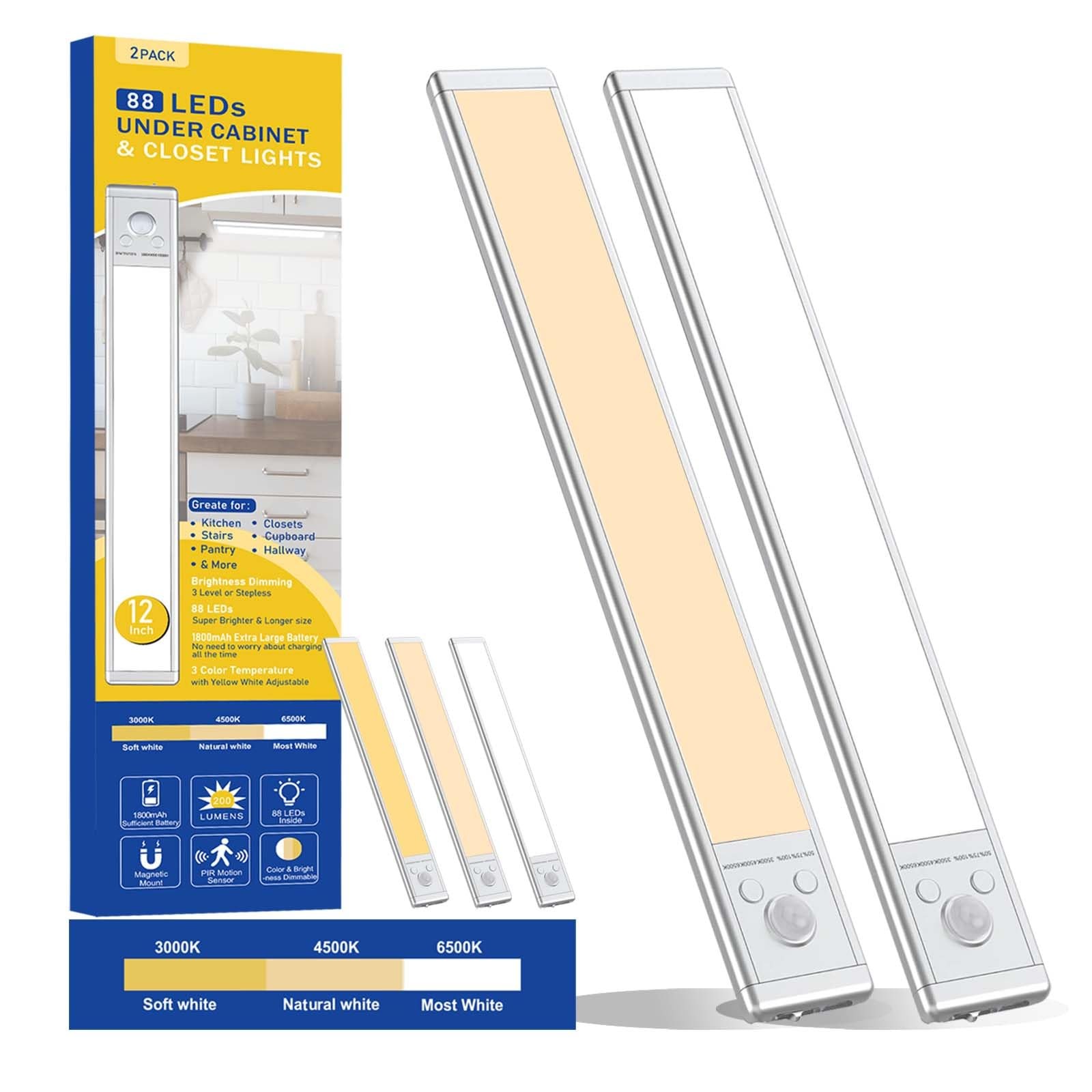 Under Cabinet Lighting, 88 LED Motion Sensor Under Cabinet Lights 3 Colors & ...