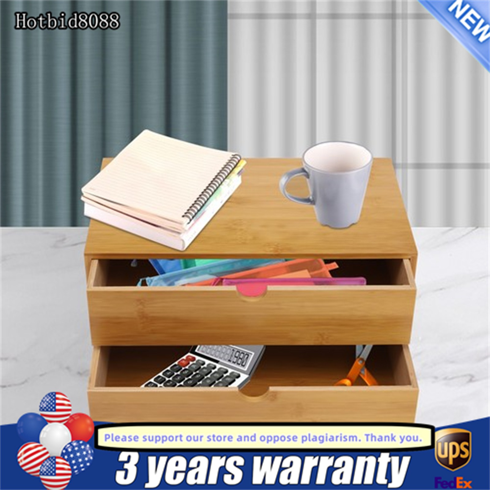 Desktop Organizer with 2 Drawers Bamboo Tabletop Storage Box for Office Supplies