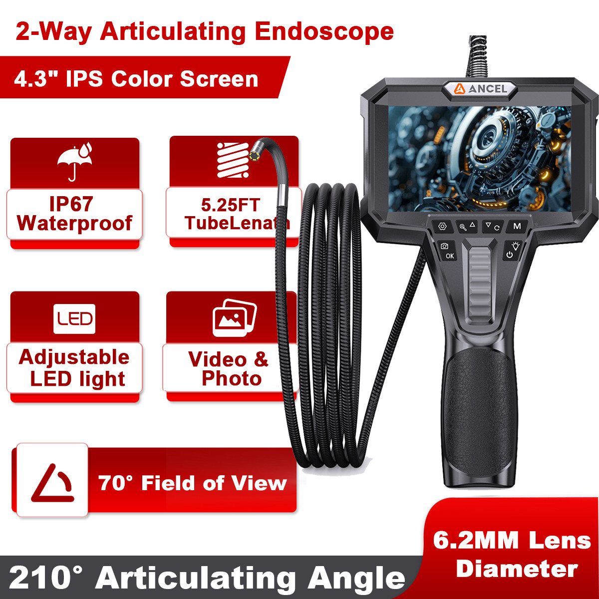 ANCEL AN301 6.2mm, 210° Articulating Lens with Endoscope Inspection Tool