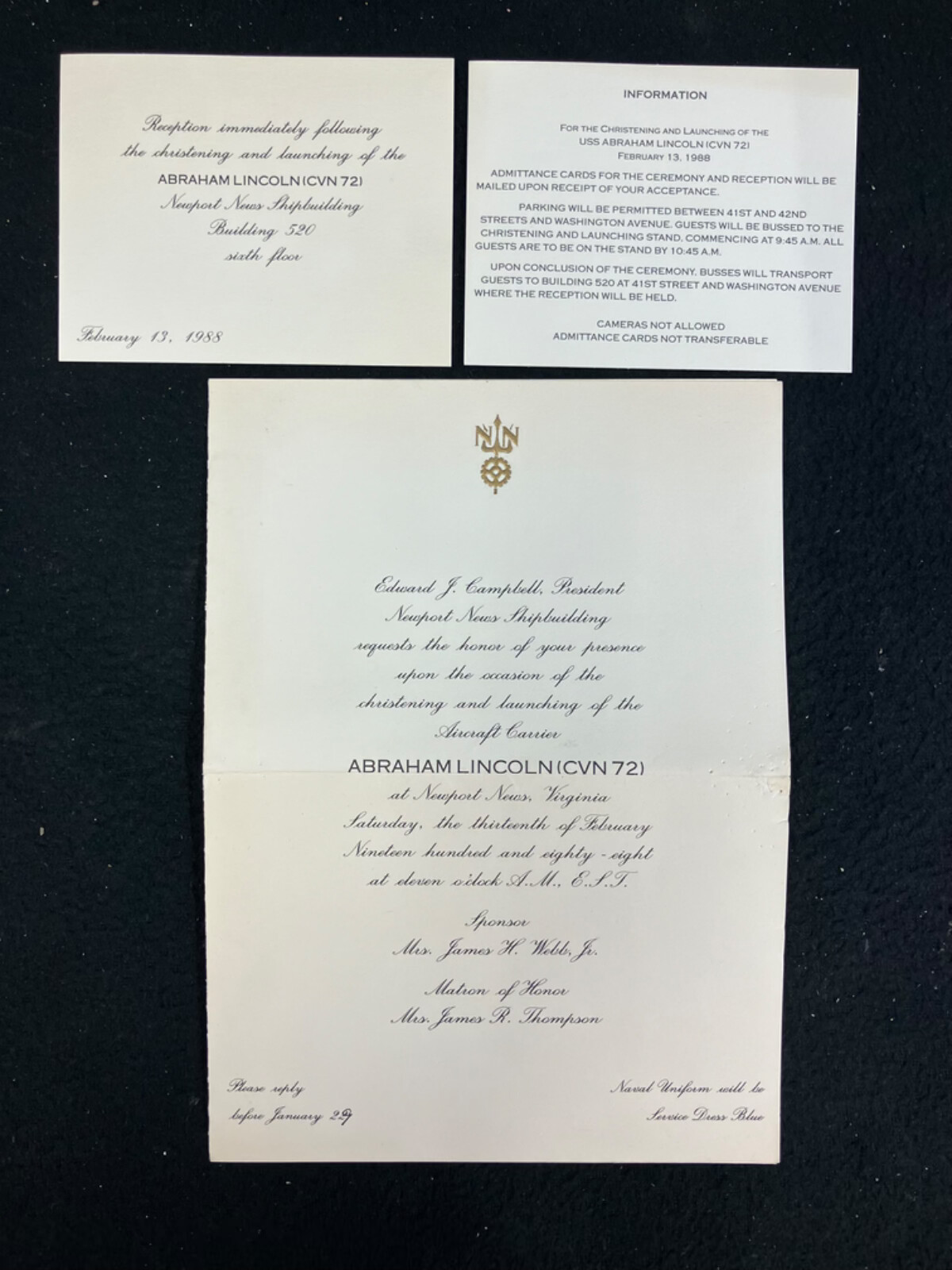 1988 USS ABRAHAM LINCOLN CVN 72 CHRISTENING & LAUNCHING INVITATION, FEB 13TH