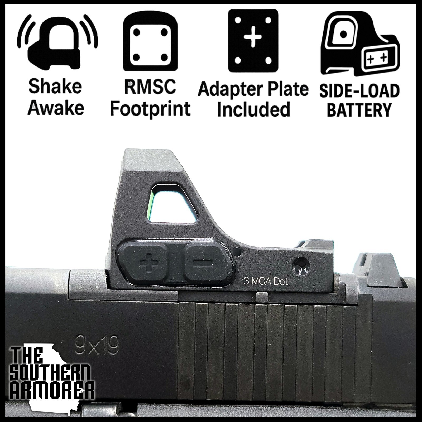 RED DOT FOR GLOCK® MOS 17 19 19X 45 47 GEN 5 SHAKE AWAKE SIDE LOAD WITH ADAPTER