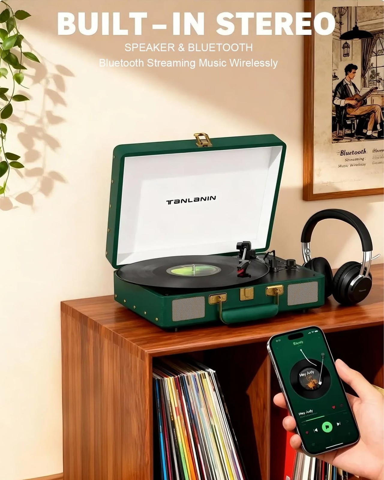 Vintage 3-Speed Bluetooth Record Player, Portable Suitcase Turntable with Bui...