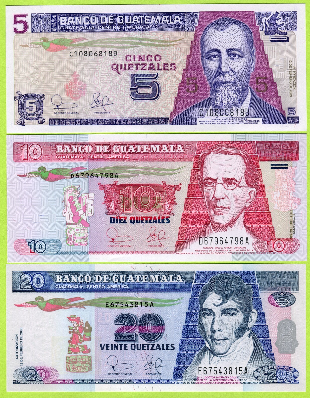 Guatemala 5, 10, 20 Quetzales 2003 P106a, 107, 108 UNC