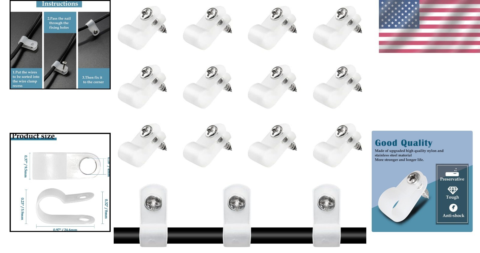 Transparent Nylon Cable Clips 3/8 Inch - 100 Pcs for Smooth Cable Management