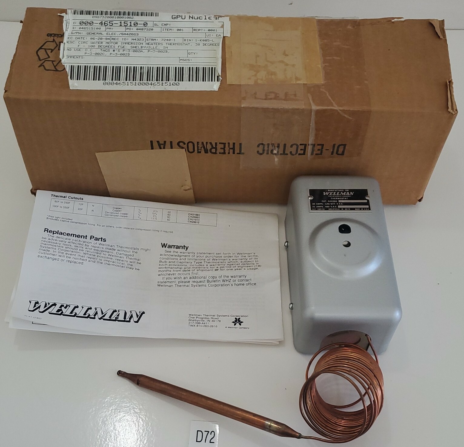 *NEW* Wellman 6A426G3 Immersion Heater Thermostat 30°- 110°F 480Vac + Warranty!
