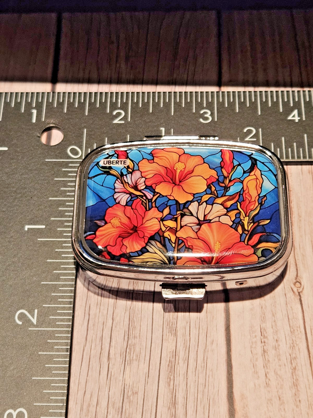 Hibiscus Pill Box 2 Compartment Silver Tone Rectangular New Stained Gass Style