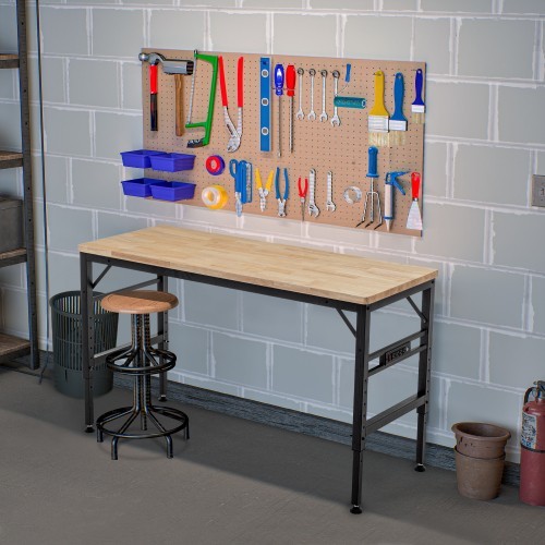 Adjustable Height Workbench 60"L Wood Top Work Bench Table w/ Power Outlets