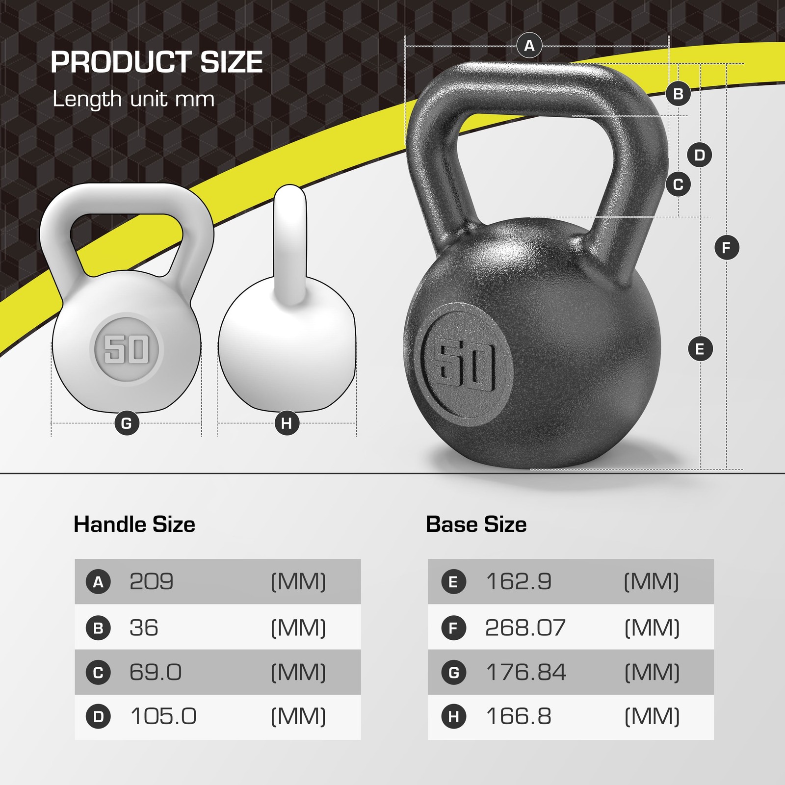 50lb Kettlebell Casting Iron Durable Black Hammertone Finish Black