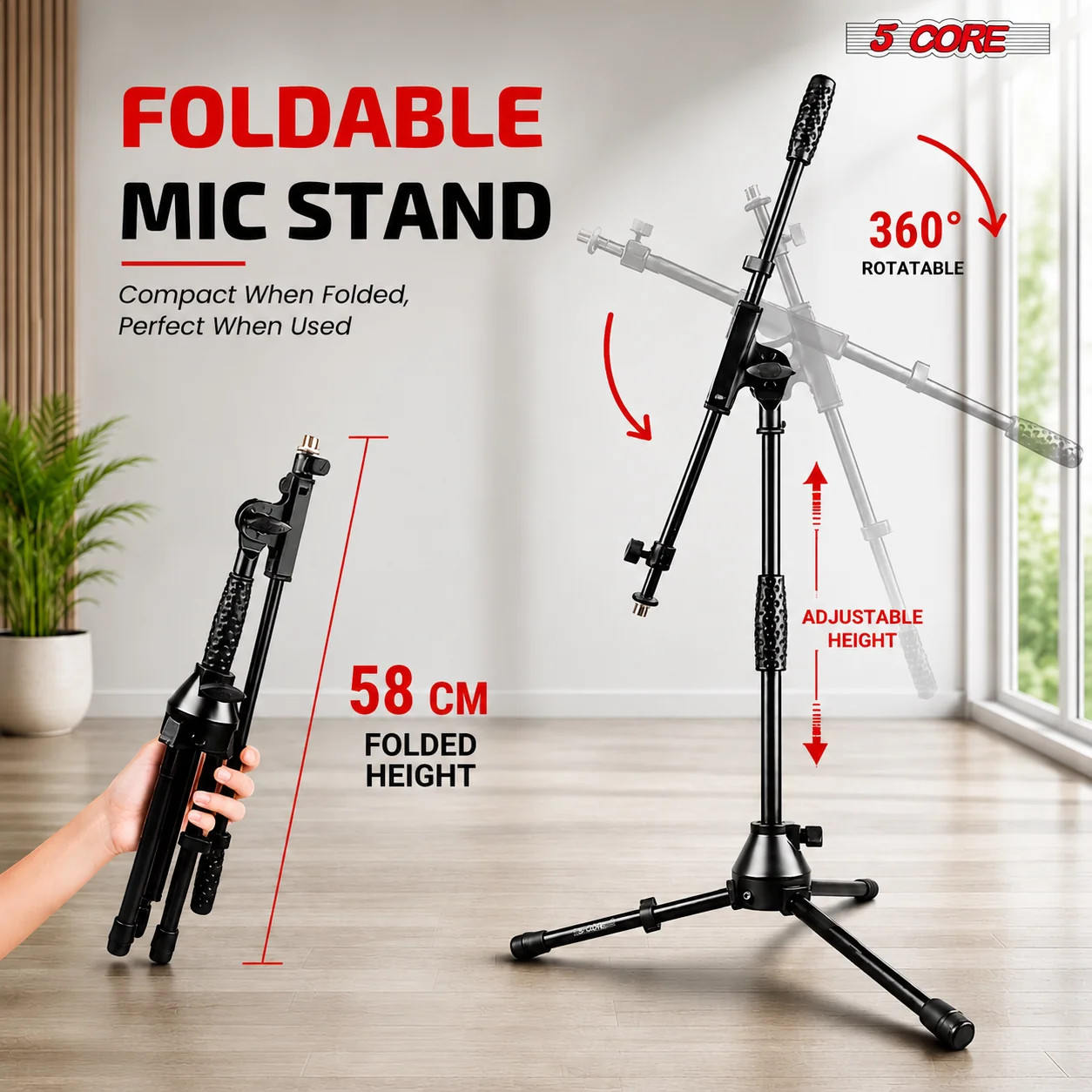 5 Core Microphone Stand Floor Adjustable Height Extendable Telescopic Boom Arm