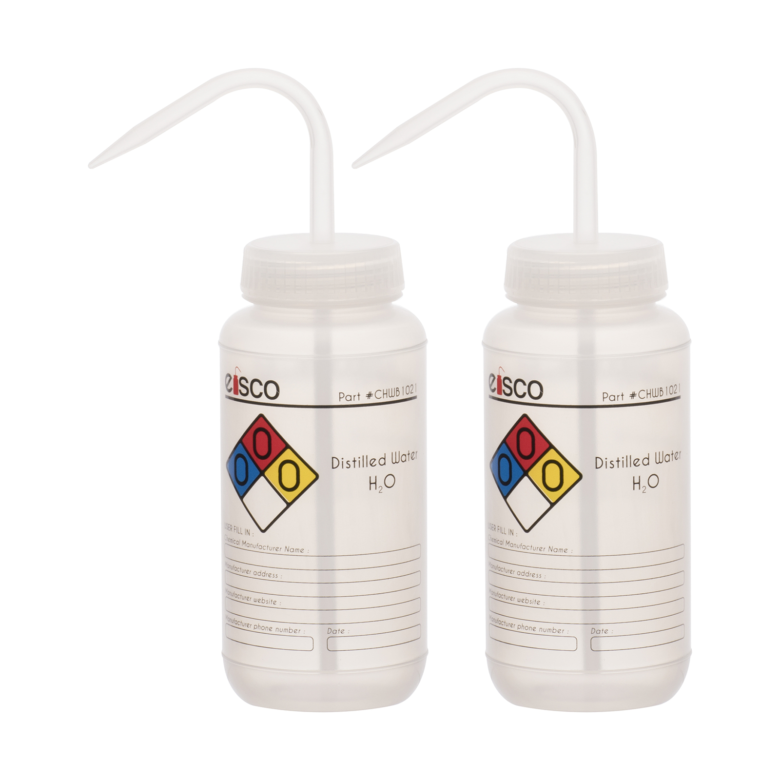 2PK Distilled Water Wash Bottle, 500ml - Wide Mouth - LDPE - Eisco Labs