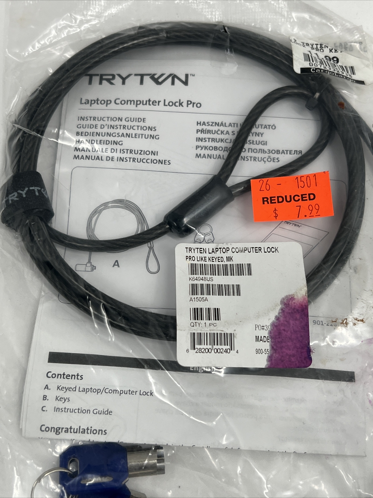 Tryten Laptop Lock Pro Keyed Alike Security Cable Lock Translucent Dark 6 Ft
