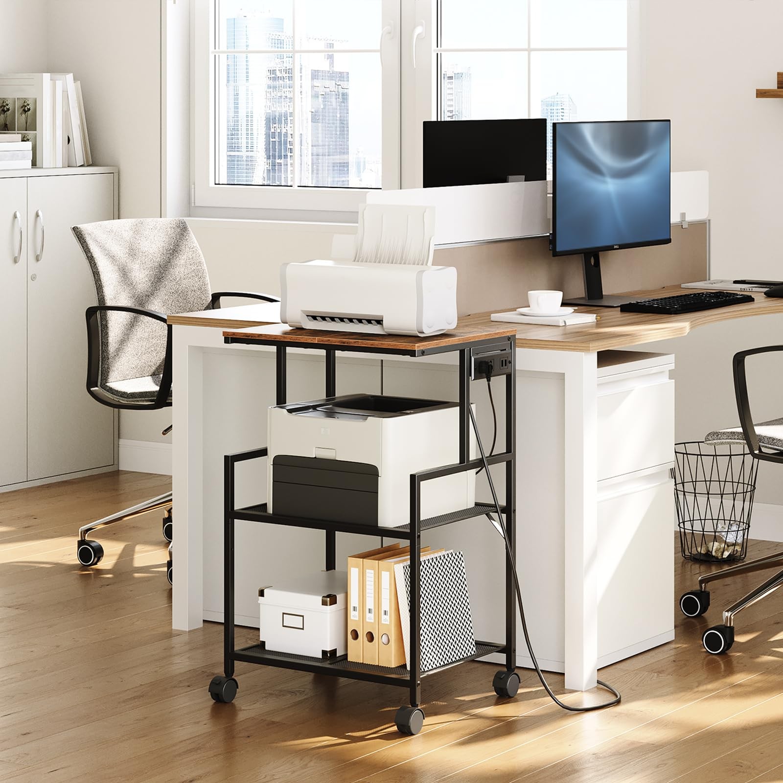 Mobile Printer Stand, 3-Tier Industrial Printer Cart with Power Outlets and 2...