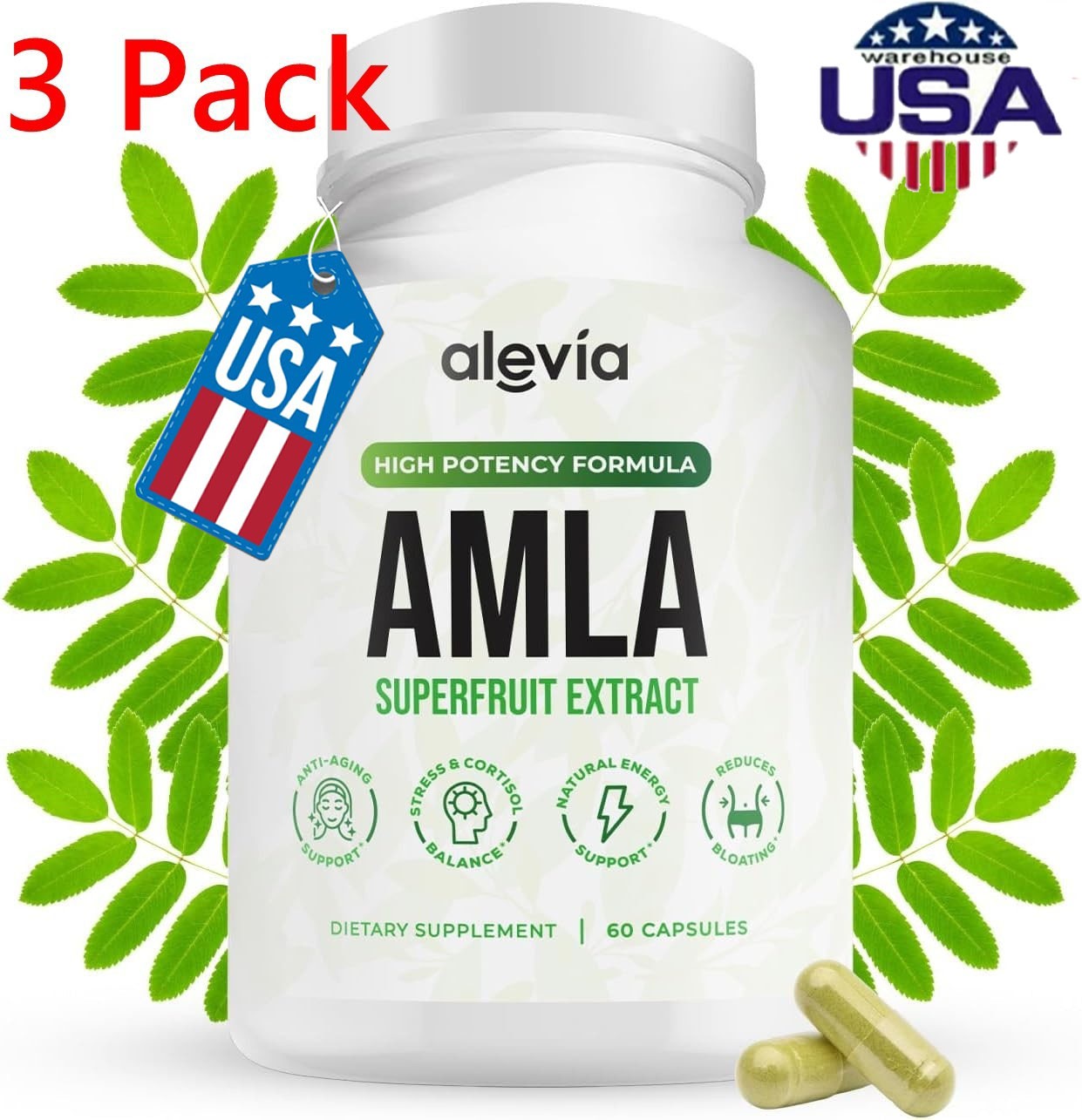 3PCS Alevia Organic Amla Capsules 1000mg Indian Gooseberry Amla Fruit Supplement