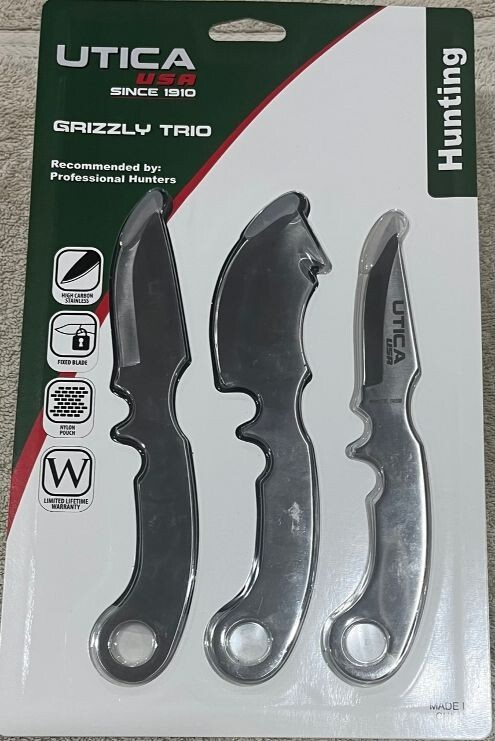 NEW Utica Stainless Steel Grizzly Trio Skinner / Caper / Hunting knife set NIP