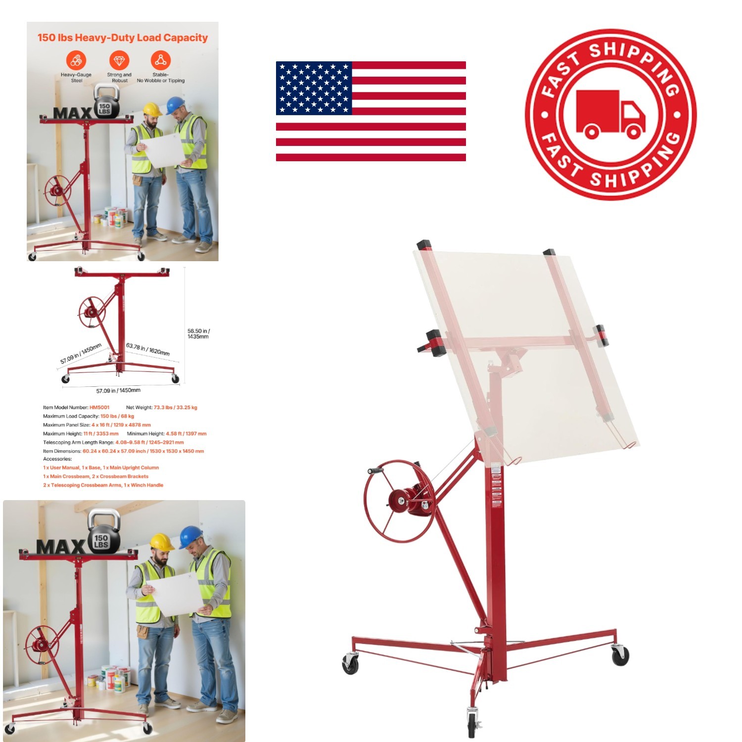 Telescoping Arm Drywall Lift 11ft 150 lbs Capacity for Ceiling Installation