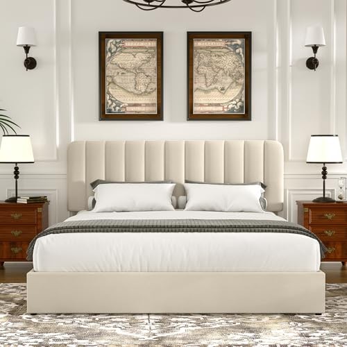 Size Upholstered Bed Frame with 4 Drawers Queen Beige Bed Frame with Drawer