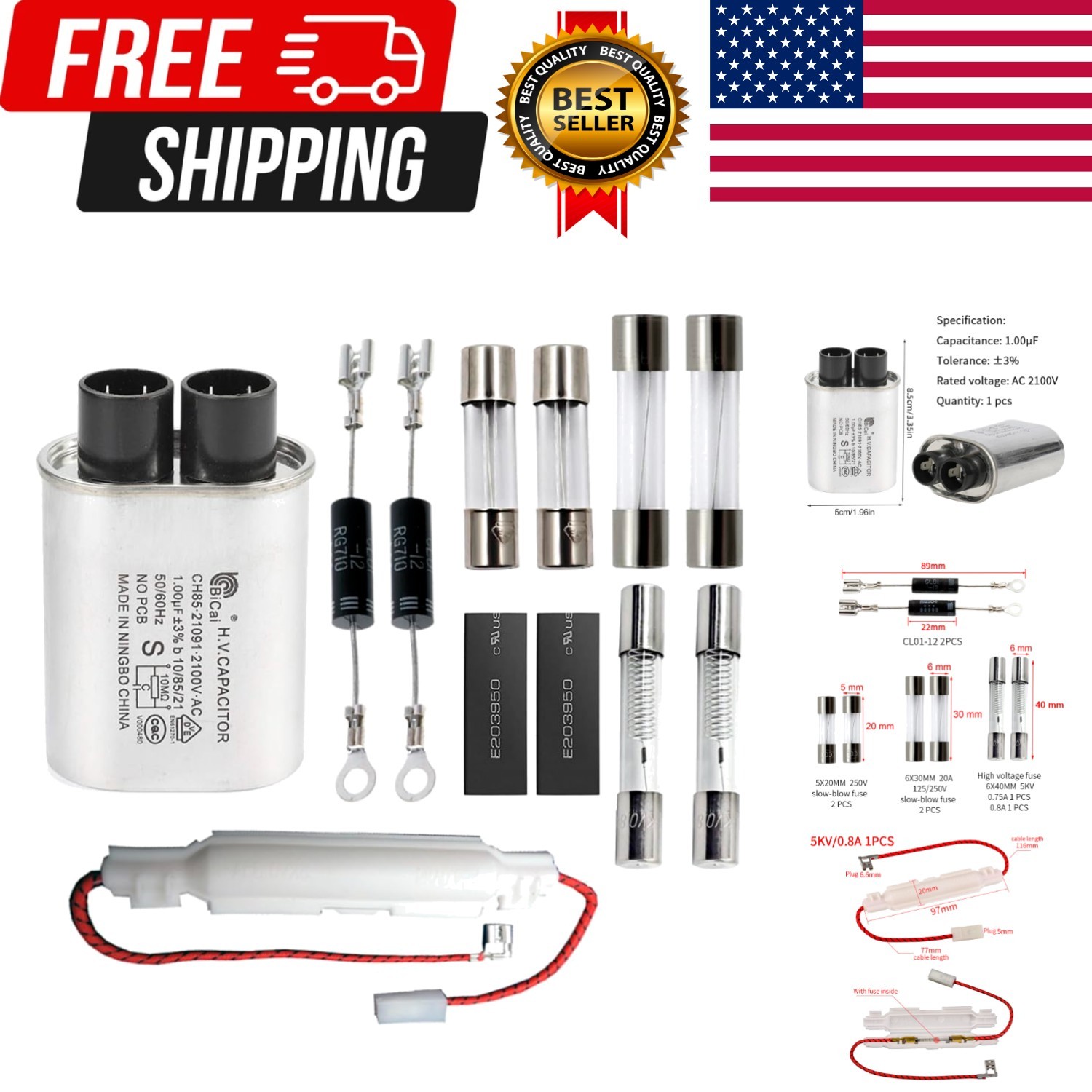 Home Microwave Oven Repair Replacement Parts Kits, HV Capacitor 2100V 1.0uF,...
